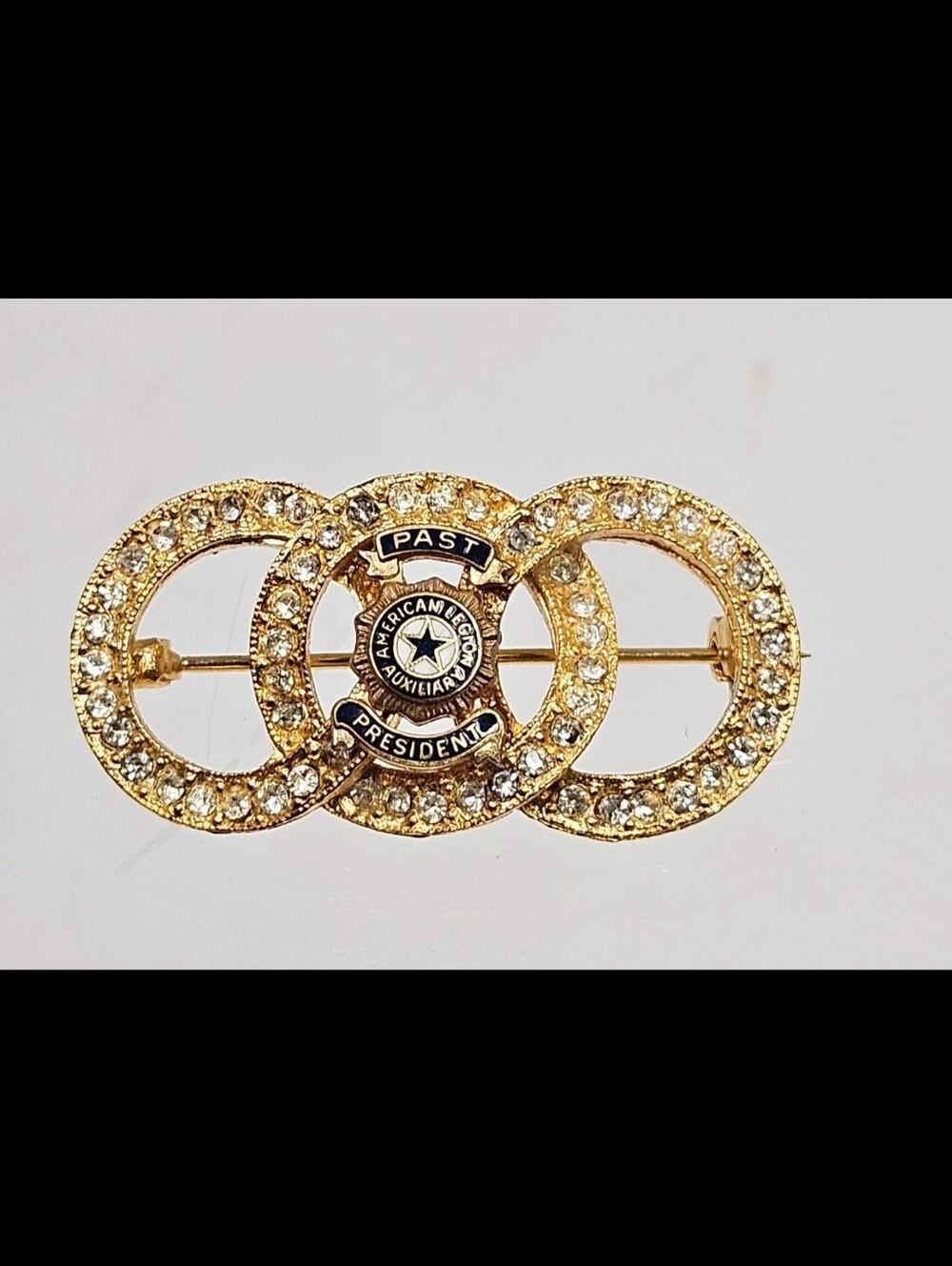 Source Unknown Gold Tone Rhinestone 'Past President' Circle Brooch